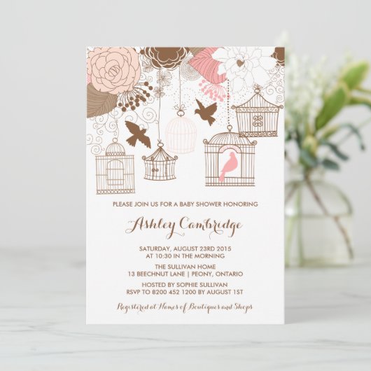 Rustikal rosa Birdcages Kinderdusche Einladung (Stehend Vorderseite)