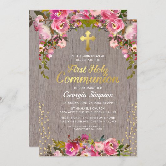 Rustikal Rosa Bläserblume Erste Heilige Kommune Einladung (Vorne/Hinten)
