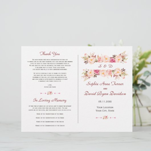 Rustikal-rosa-blaue Blume - Hochzeitsprogramm (Stehend Vorderseite)