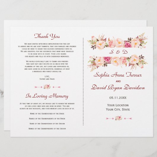 Rustikal-rosa-blaue Blume - Hochzeitsprogramm (Vorne/Hinten)