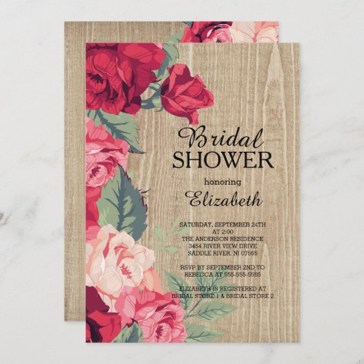 Rustikal Rosa Blume Brautdusche Einladung (Vorne/Hinten)