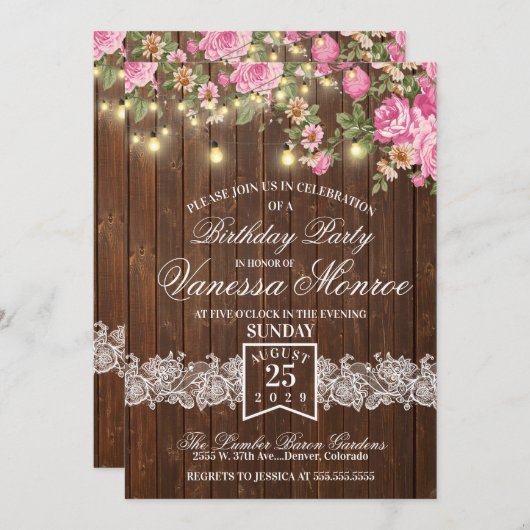 Rustikal rosa Blume Party laden ein Einladung (Vorne/Hinten)