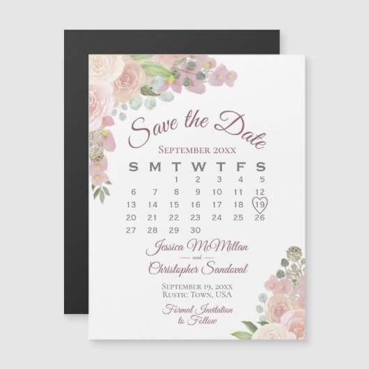 Rustikal rosa Blumenkalender Hochzeit Sichern Sie  Magneteinladung (Vorne/Hinten)