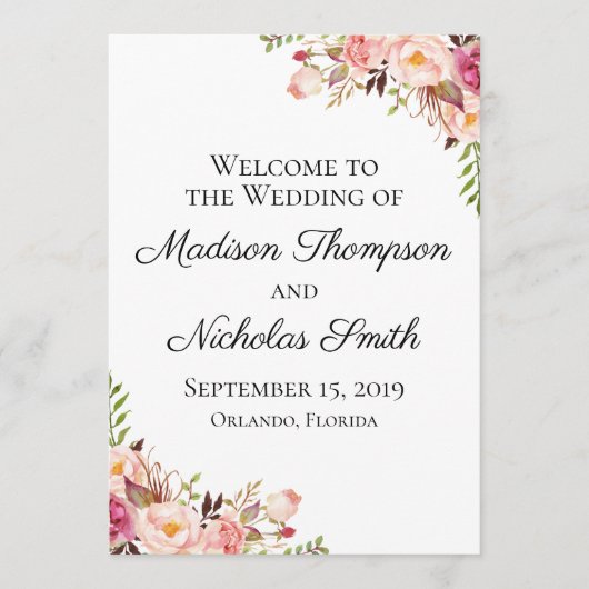 Rustikal rosa Blumenkarten Programm (Vorderseite)