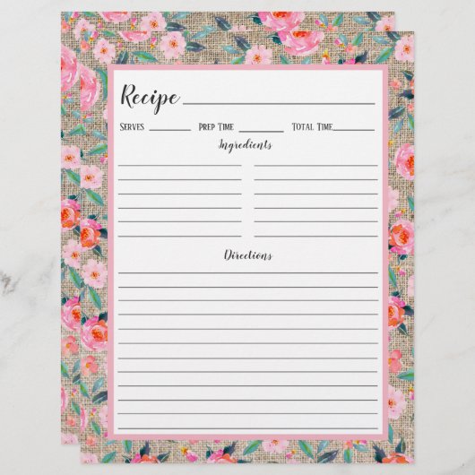 Rustikal rosa Blumenkäse Recipe Binder Page (Vorne/Hinten)