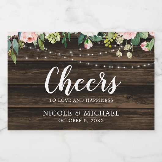 Rustikal rosa Blumenstrauenleuchten Hochzeitmini Schaumweinetikett (Einzelnes Label)