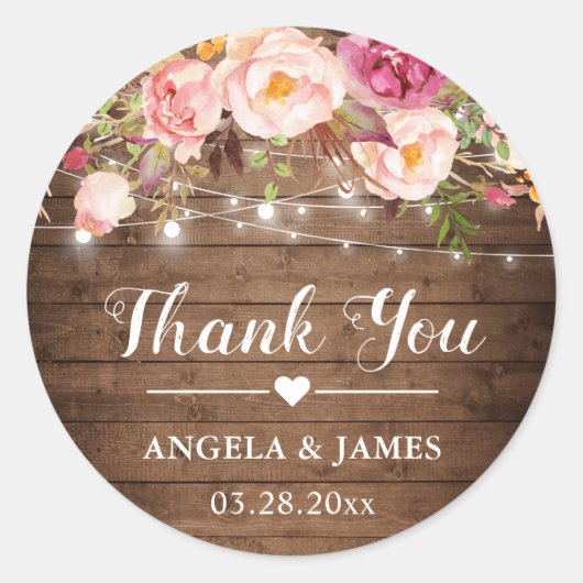 Rustikal rosa Blumenstrauß Hochzeit Danke Runder Aufkleber (Vorderseite)