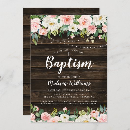 Rustikal rosa Blumenstrauß Lights Girl Taufe Einladung (Vorne/Hinten)