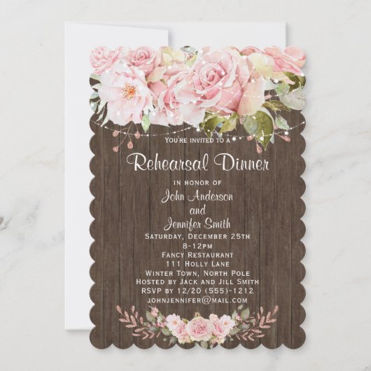 Rustikal rosa Blumenstrauß Probe Abendessen Einladung (Vorderseite)