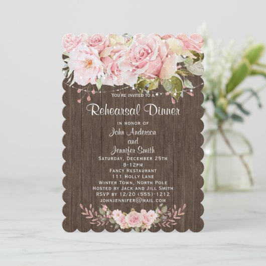Rustikal rosa Blumenstrauß Probe Abendessen Einladung (Stehend Vorderseite)