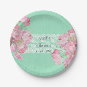 Rustikal rosa Blüte auf Mint Green Burlap Hochzeit Pappteller