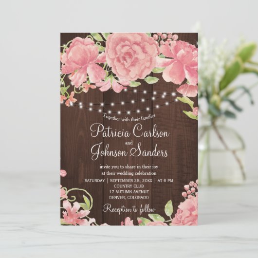 Rustikal rosa Blütenbäume und Lichter auf Stallhol Einladung (Stehend Vorderseite)