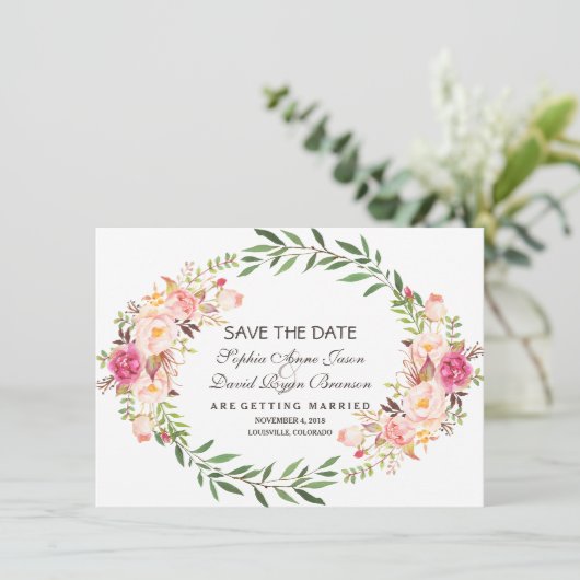 Rustikal rosa Blütenblüte Save the Date (Stehend Vorderseite)