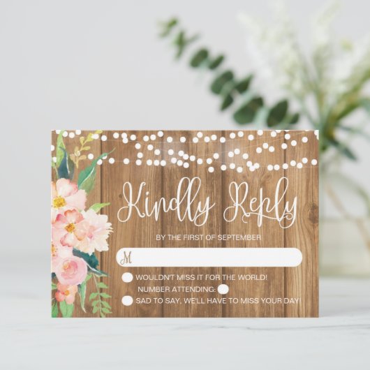 Rustikal rosa Blütenblüte und Holzhochzeit RSVP (Stehend Vorderseite)