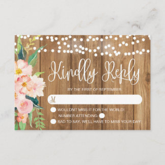 Rustikal rosa Blütenblüte und Holzhochzeit RSVP Karte