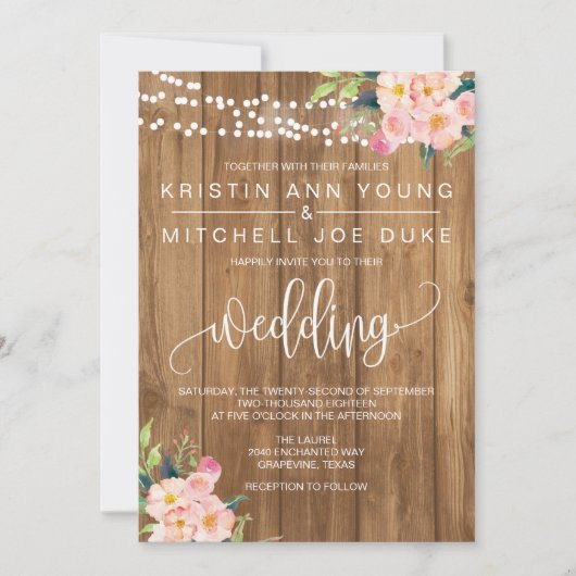 Rustikal rosa Blütenblüte und Holzverheiratung Ein Einladung (Vorderseite)