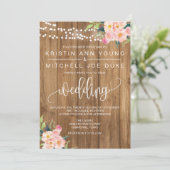 Rustikal rosa Blütenblüte und Holzverheiratung Ein Einladung (Stehend Vorderseite)
