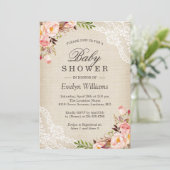 Rustikal rosa Blütendusche Elfenbein Schnürsenkel Einladung (Stehend Vorderseite)