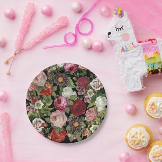 Rustikal Rosa Blütengrün Schwarz Farbenfroh Pappteller (Party)