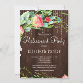 Rustikal rosa blütengrüne Rose Ruhestand Party Einladung (Vorderseite)