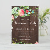 Rustikal rosa blütengrüne Rose Ruhestand Party Einladung (Stehend Vorderseite)