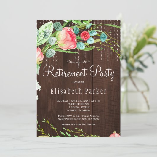 Rustikal rosa blütengrüne Rose Ruhestand Party Einladung (Stehend Vorderseite)
