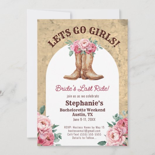 Rustikal rosa Cowgirl Zielort Junggeselinnen-Absch Einladung (Vorderseite)