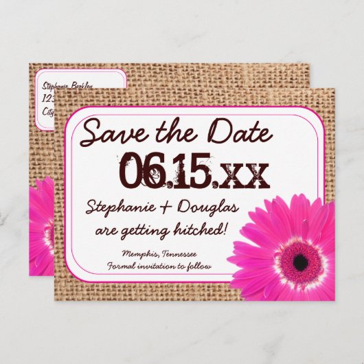 Rustikal rosa Daisy Burlap Save the Date Postkarte (Vorne/Hinten)