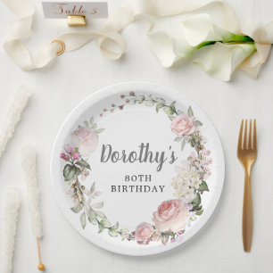 Rustikal rosa Flora 80. Geburtstag Pappteller