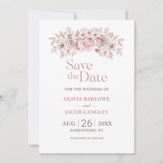 Rustikal-rosa-florale Hochzeit retten das Datum Einladung (Vorderseite)
