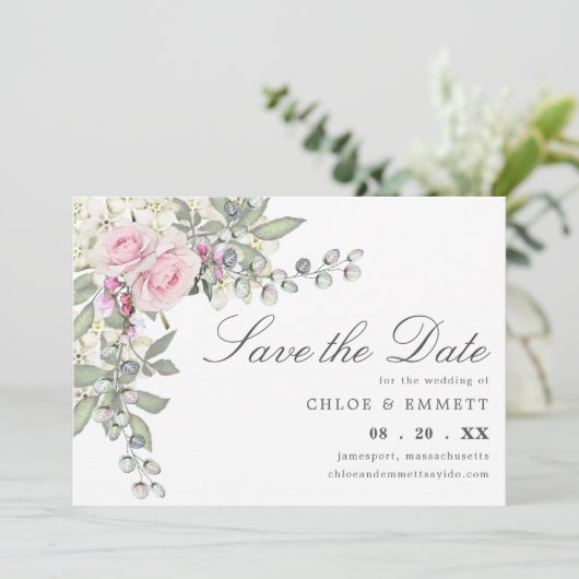 Rustikal-rosa-florale Hochzeit retten das Datum Save The Date (Stehend Vorderseite)
