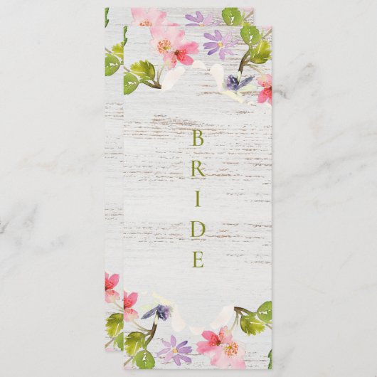 Rustikal rosa Florals auf weißem Holz vorbehalten Menükarte (Vorne/Hinten)