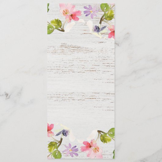 Rustikal rosa Florals auf weißem Holz vorbehalten Menükarte (Rückseite)