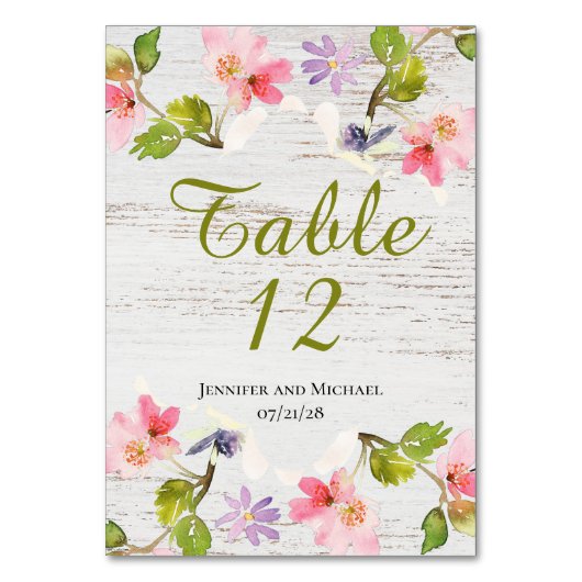 Rustikal rosa Florals auf weißem Holz vorbehalten Tischnummer (Rückseite)