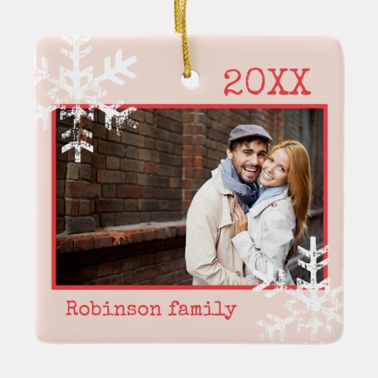 Rustikal Rosa Foto Ornamente Schneeflocken Monogra (Vorderseite)