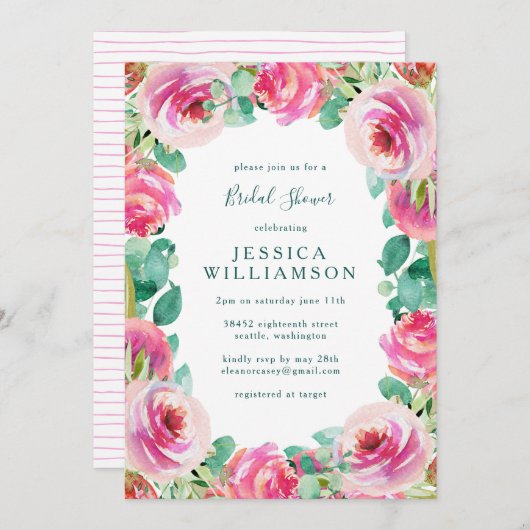Rustikal Rosa Garden Rose Blumenstrauß Brautparty Einladung (Vorne/Hinten)