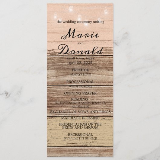Rustikal rosa Holz und Lanterns Hochzeit Programm (Vorderseite)