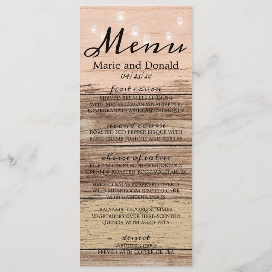 Rustikal rosa Holz und Laternen Menükarte (Vorderseite)