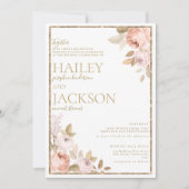 Rustikal rosa Korallengoldblütenblüte Hochzeit zum Einladung (Vorderseite)
