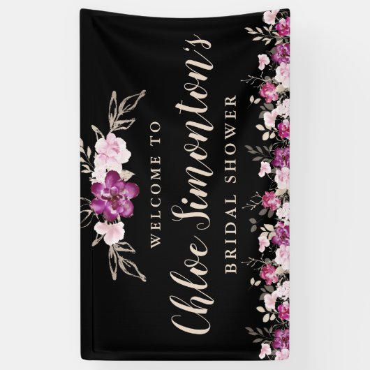 Rustikal rosa Lila auf Schwarz-Flora-Brautparty Banner (Vertikal)