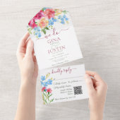 Rustikal rosa Nelken & Vergessen Sie mir Noten QR  All In One Einladung (Abreißen)