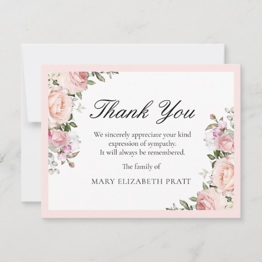 Rustikal rosa Rose Blumenbeerdigung Dankeskarte (Vorderseite)