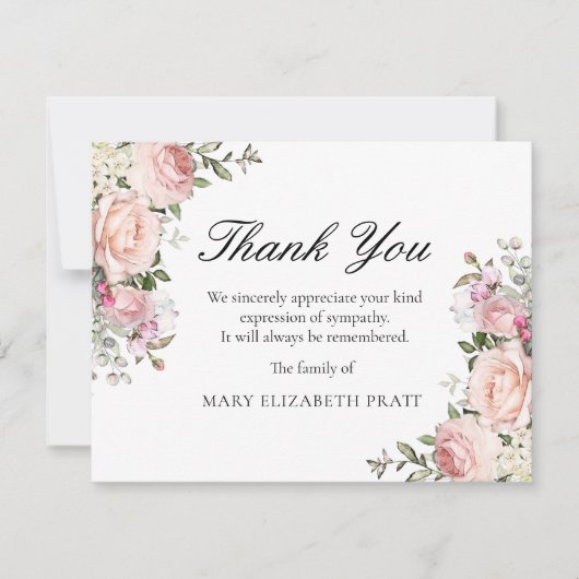 Rustikal rosa Rose Blumenbeerdigung Dankeskarte (Vorderseite)