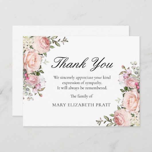 Rustikal rosa Rose Blumenbeerdigung Dankeskarte (Vorne/Hinten)
