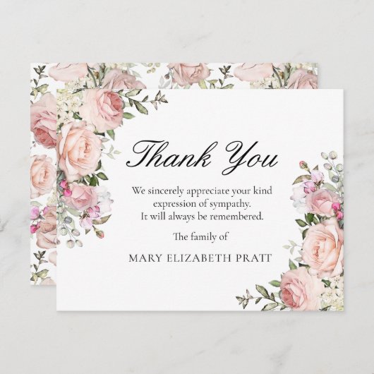 Rustikal rosa Rose Blumenbeerdigung Dankeskarte (Vorne/Hinten)