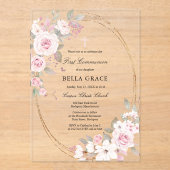 Rustikal Rosa Rose Floral Erste Heilige Kommune Acryleinladungen (Vorderseite)