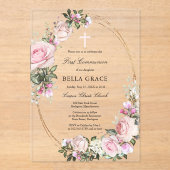 Rustikal Rosa Rose Floral Erste Heilige Kommune Acryleinladungen (Vorderseite)