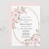 Rustikal Rosa Rose Floral Erste Heilige Kommune Einladung (Vorne/Hinten)