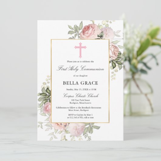 Rustikal Rosa Rose Floral Erste Heilige Kommune Einladung (Stehend Vorderseite)