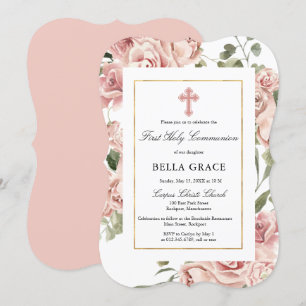 Rustikal Rosa Rose Floral Erste Heilige Kommune Einladung